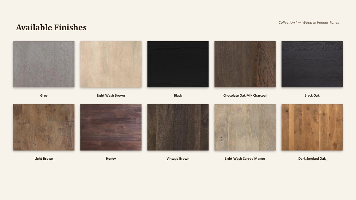 Evergreen wood and veneer finish swatches, collection one