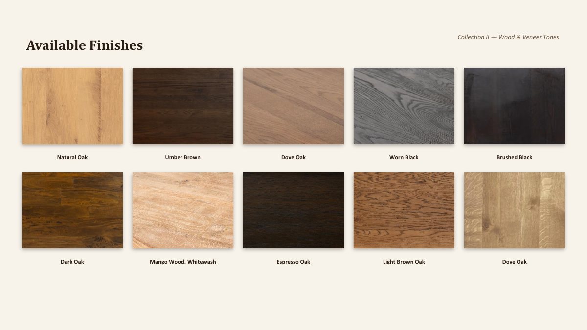 Evergreen wood and veneer finish swatches, collection two