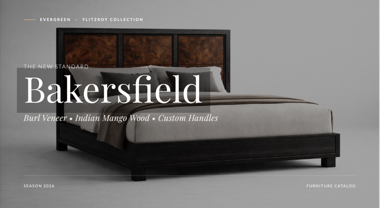 Bakersfield bed with burl veneer headboard panels and an Indian mango wood frame