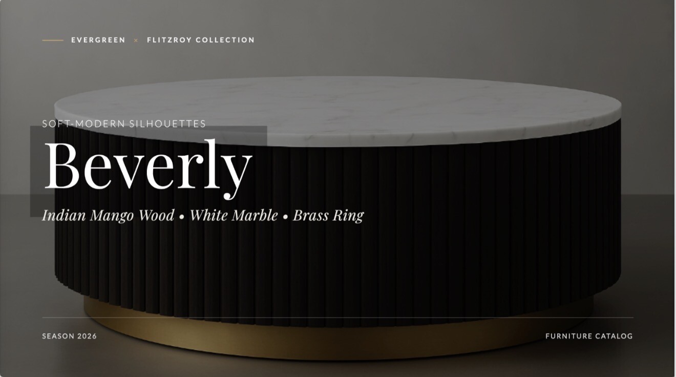 Beverly fluted table in Indian mango, white marble and brass