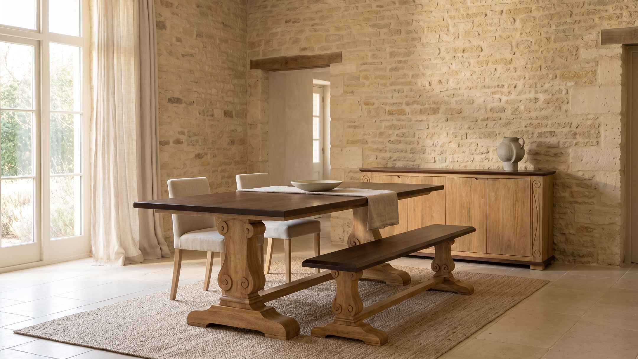 Palazzo dining table, bench and sideboard in a warm dining room